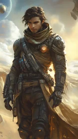Armored desert wanderer strides through luminous sci-fi dunes