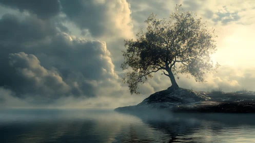 Solitary tree on misty lakeshore under dense cloud cover.