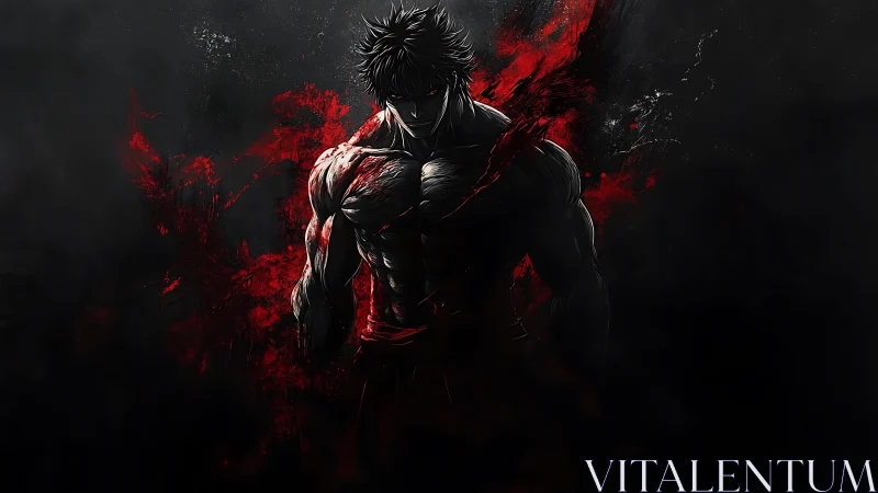 Dark muscular anime fighter in red and black chaos.