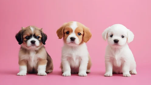 Three small puppies sit aligned against pastel pink backdrop