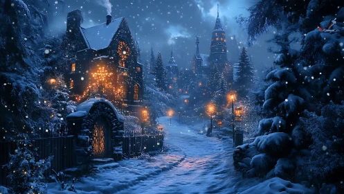 Snowy fantasy village glows under deep midnight sky.