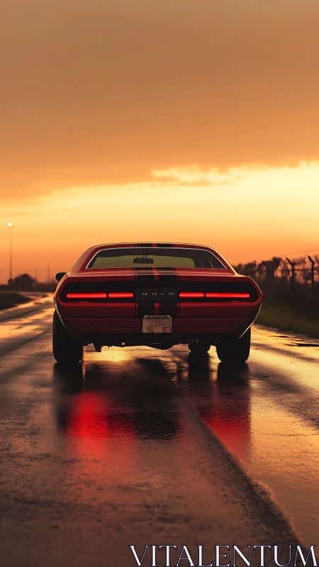 Rear muscle car silhouette reflects on wet road at sunset