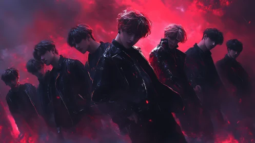 Moody band of silhouettes glowing in stormy crimson light.