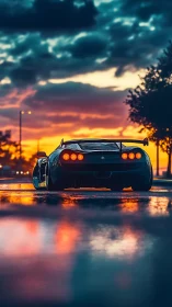 Midnight supercar drinks the last colors of the sunset road