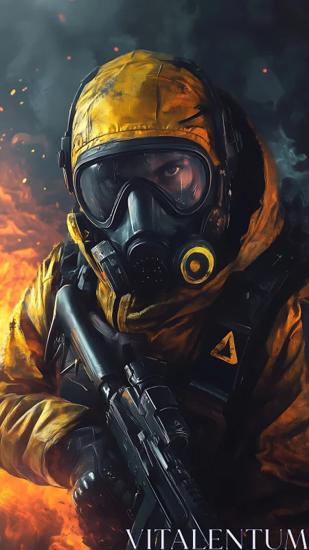 Hazmat-suited armed figure amid flames and dense smoke.