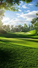 Sunlit golf fairway drifting through emerald forest hush.