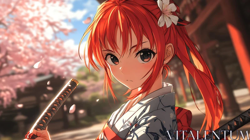 Red-haired samurai girl grips dual swords under cherry blossoms