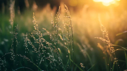 Backlit grass stems with dewdrops in warm evening light.