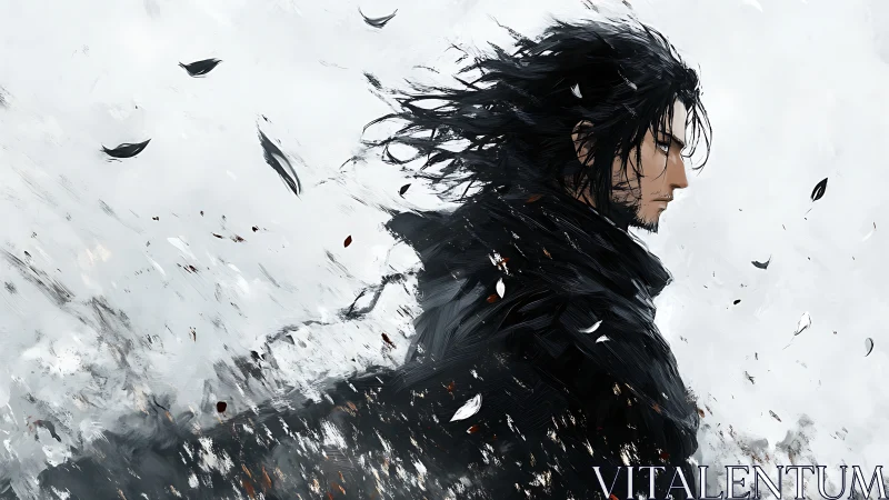 Windswept warrior walks forward through swirling white storm