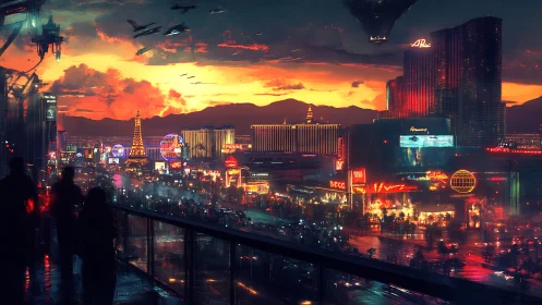 Futuristic neon city skyline glows under dramatic sunset sky