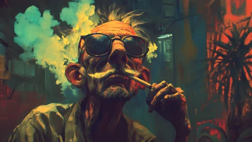Eccentric old man smokes calmly in neon city glow.