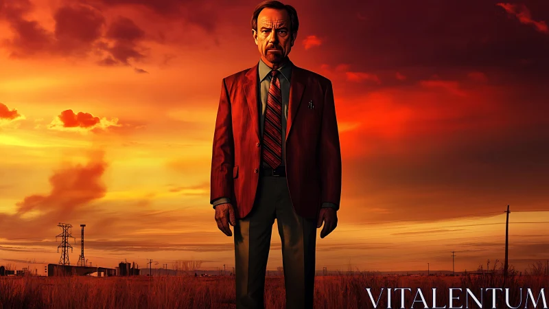 Solitary suited figure under saturated desert sunset sky.