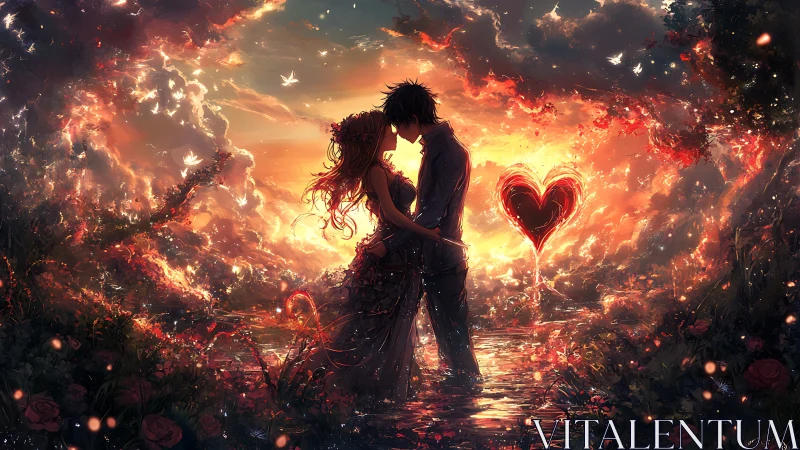 Romantic Silhouettes Amid Fiery Fantasy Landscape.
