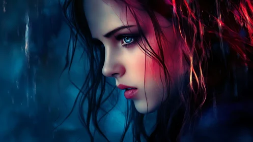Cinematic close-up profile of wet-haired girl in neon rain