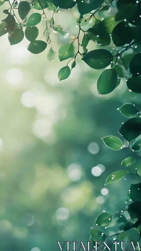 Dewlit green leaves with soft bokeh forest backdrop.