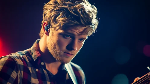 Backlit male musician in plaid shirt under concert spotlight