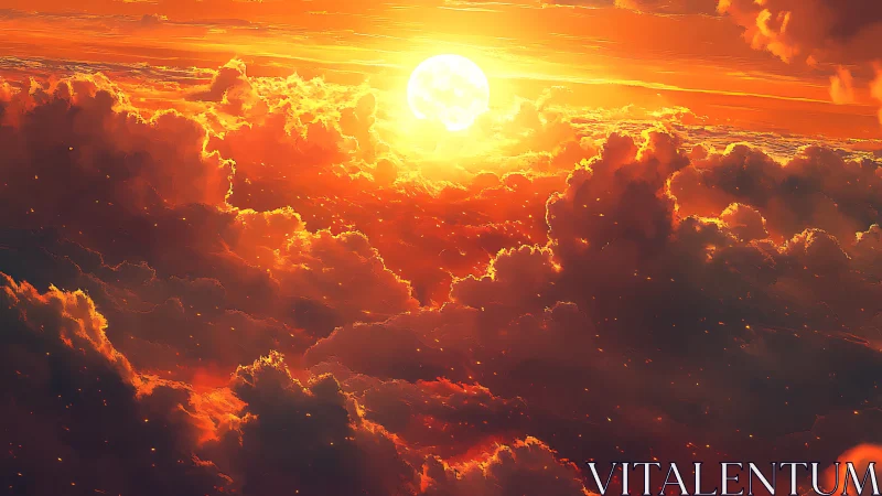 Blazing digital sunset above clouds in vivid orange sky.