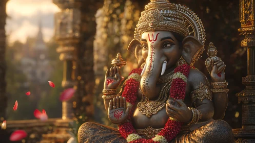 Sunlit Ganesha statue surrounded by drifting rose petals.