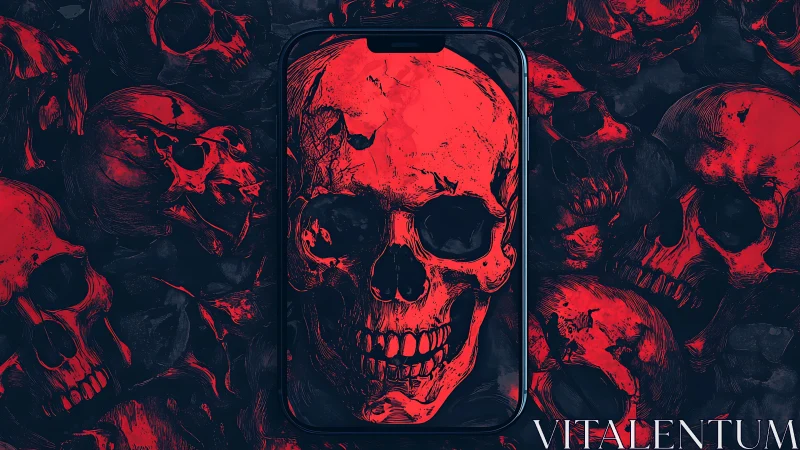 Crimson skull wallpaper framed within dark phone screen.