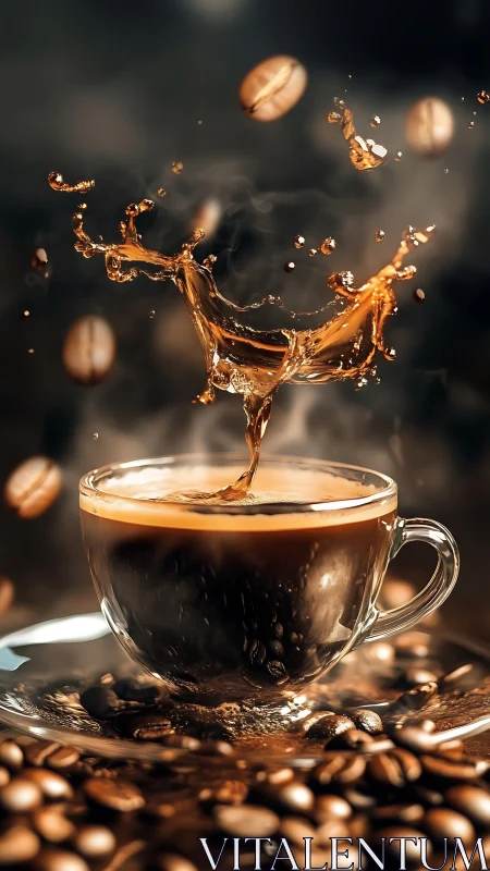 Coffee splash motion above glass cup with beans scattered.