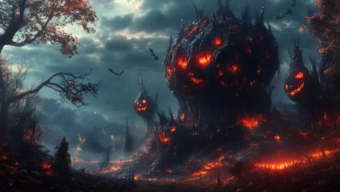 Enormous flaming pumpkin monsters dominate a dark forest