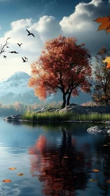 Quiet autumn lakeside with glowing trees and soft skies.