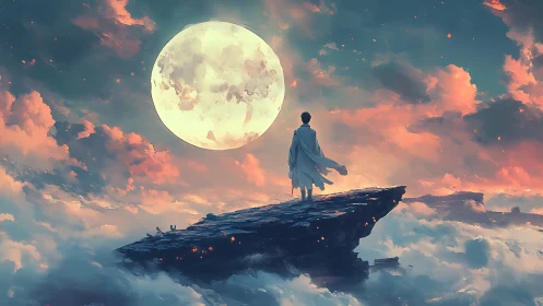 Lone skywalker greeting a colossal moon above cloud tides.