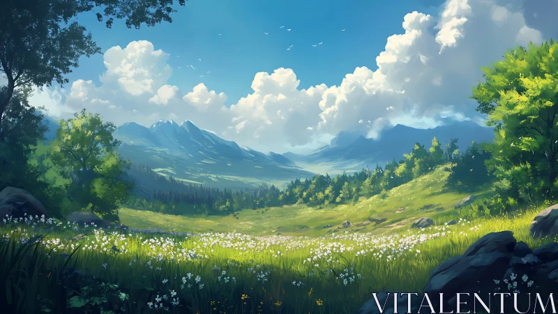 Sunlit alpine meadow rendered with atmospheric depth cues