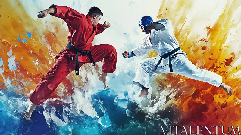 Dynamic martial artists clash amid explosive color bursts.