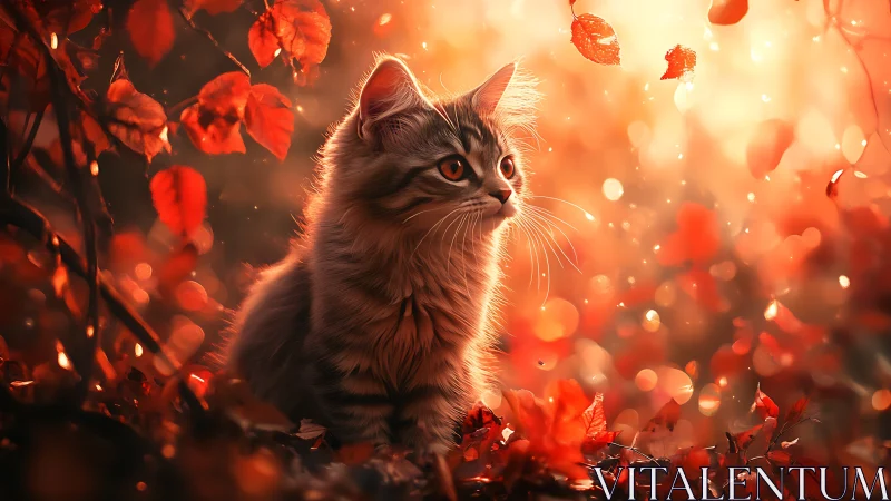 Long-haired Cat in Autumn Foliage with Warm Backlighting
