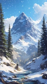 Vertical alpine panorama shows snow-clad peak and glacial stream