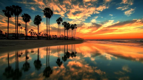 Sunlit palm shore reflecting a dreamy, glowing evening sky.