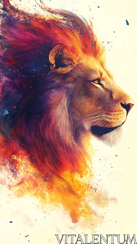 Vivid side-profile lion portrait with dispersing chromatic mane