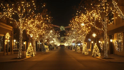 Sparkling holiday street glows with warm Christmas lights