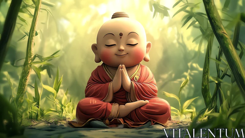 Smiling baby monk meditates peacefully in glowing bamboo grove