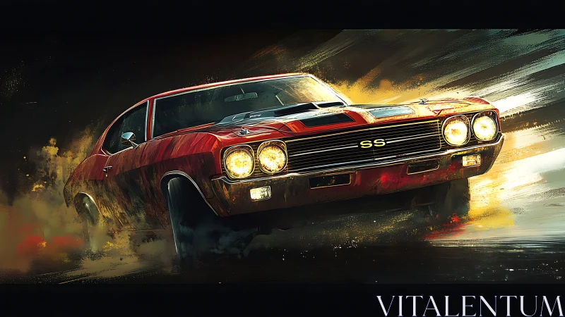 Rendered muscle car drifts through dust with frontal emphasis