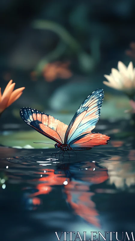Butterfly with orange blue wings resting on reflective water.