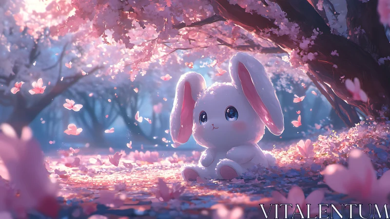 Kawaii bunny glows under dreamy pink cherry blossoms.