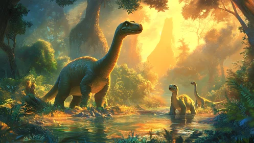 Dinosaurs stand in a sunlit prehistoric forest river valley