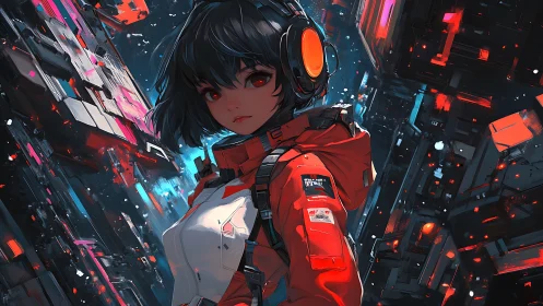 Cyberpunk girl in red jacket amid neon city shards.