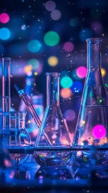 Chromatic chemistry glassware under neon laboratory bokeh.
