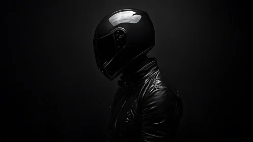 Motorcyclist in black helmet and jacket on dark background.