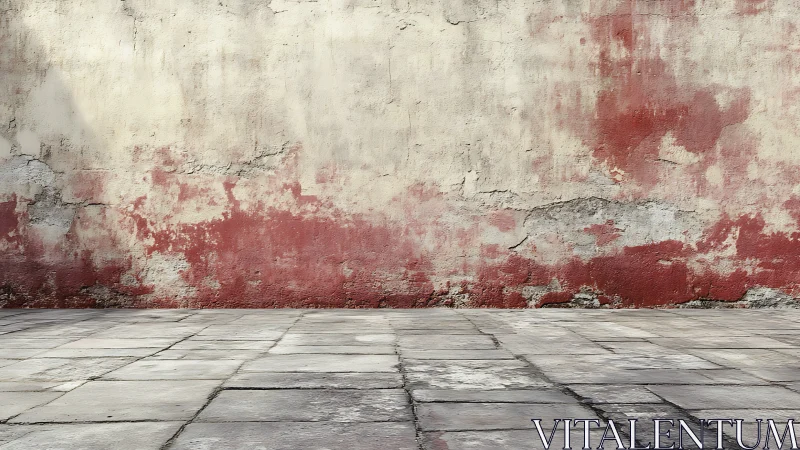 Weathered red plaster wall over worn stone courtyard backdrop.