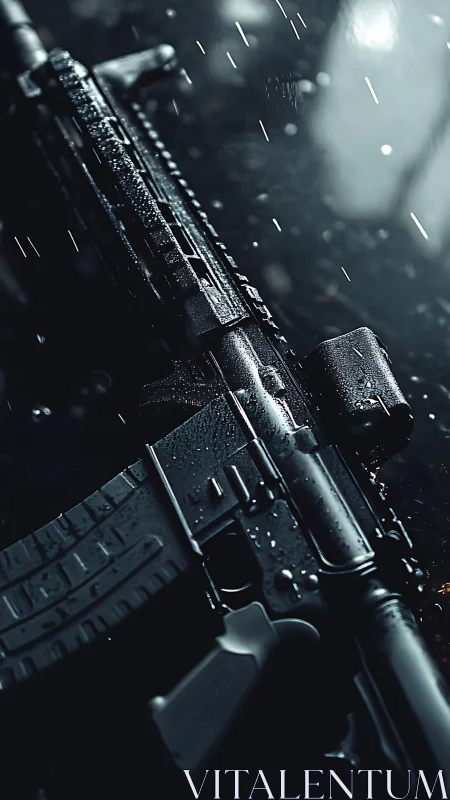Tactical rifle in cinematic rain, macro low light close up study