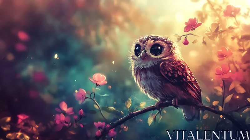 Whimsical Baby Owl on Flowering Branch in Dreamy Light, Digital Art.