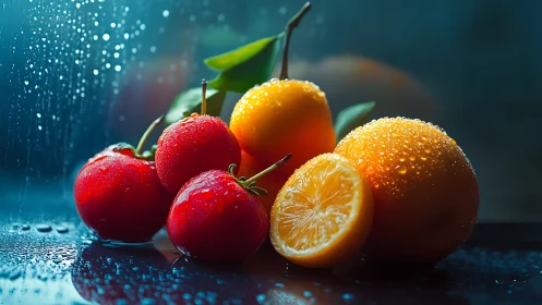 Fresh wet citrus and red fruit on reflective dark surface.