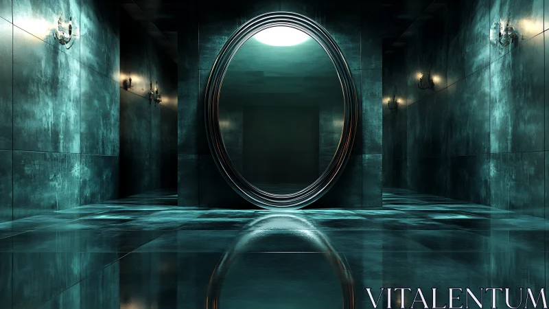 Symmetrical cyan corridor frames a luminous circular portal