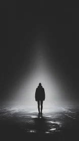 Silhouette figure standing in bright backlit fog at night.