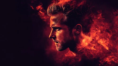 Male side profile in red-toned digital flame composition.