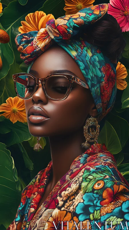 Radiant woman in florals enjoying a calm, colorful moment.